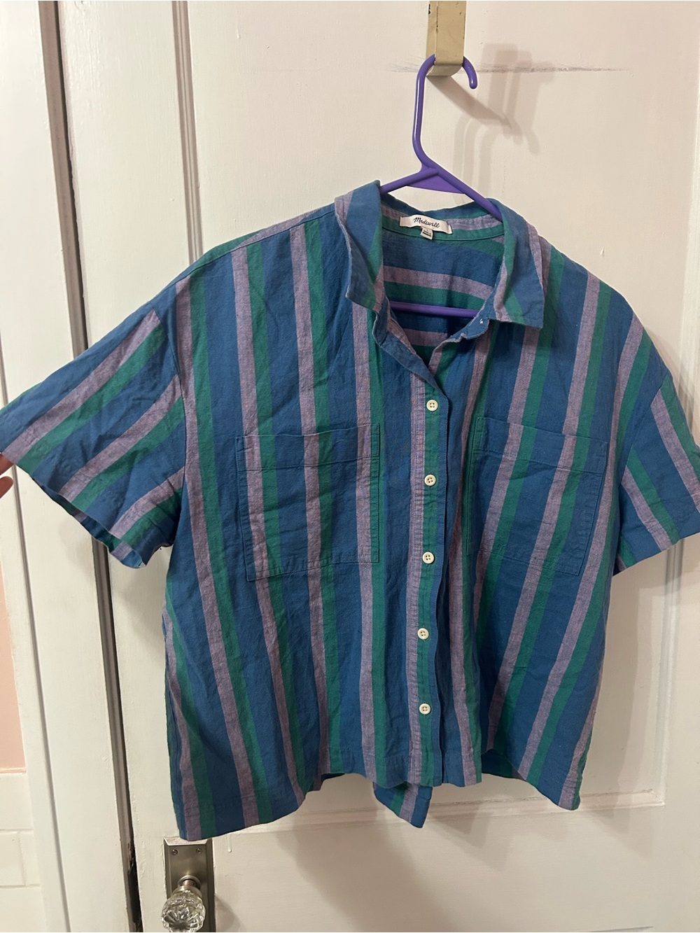 Madewell Short-Sleeve Striped Button-Down in Blue and Green - Picture 2 of 5